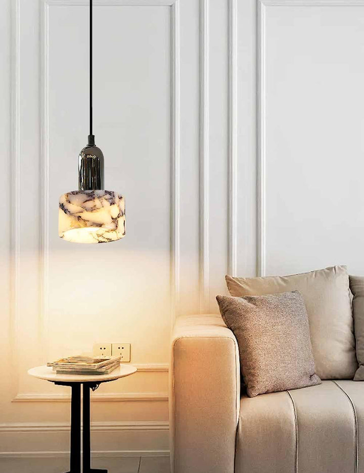 White Marble Cylinder Pendant Light with Black Socket