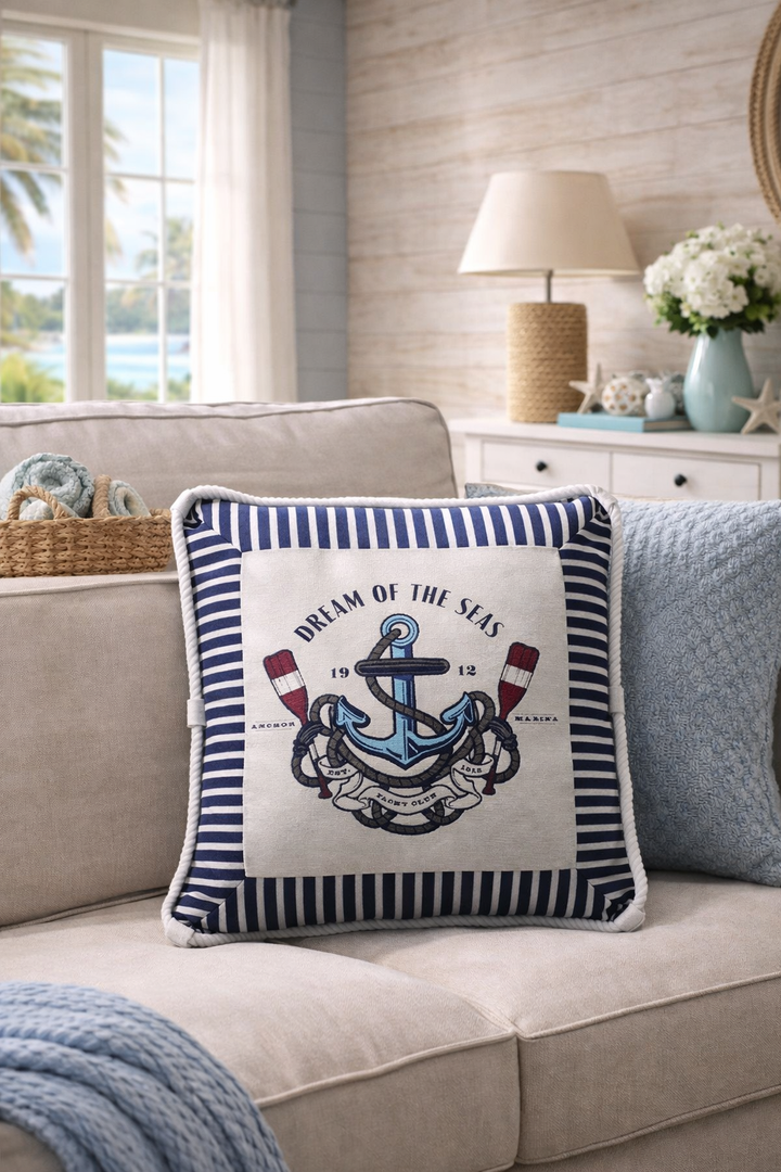 Square Anchor Nautical Cushion with striped border and classic marine design