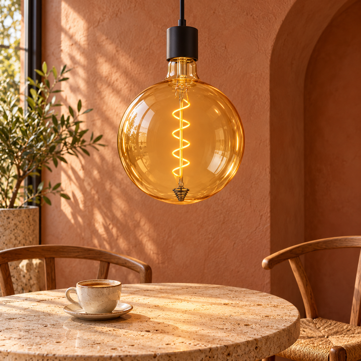 Amber glass globe pendant with a glowing spiral filament above a round dining table