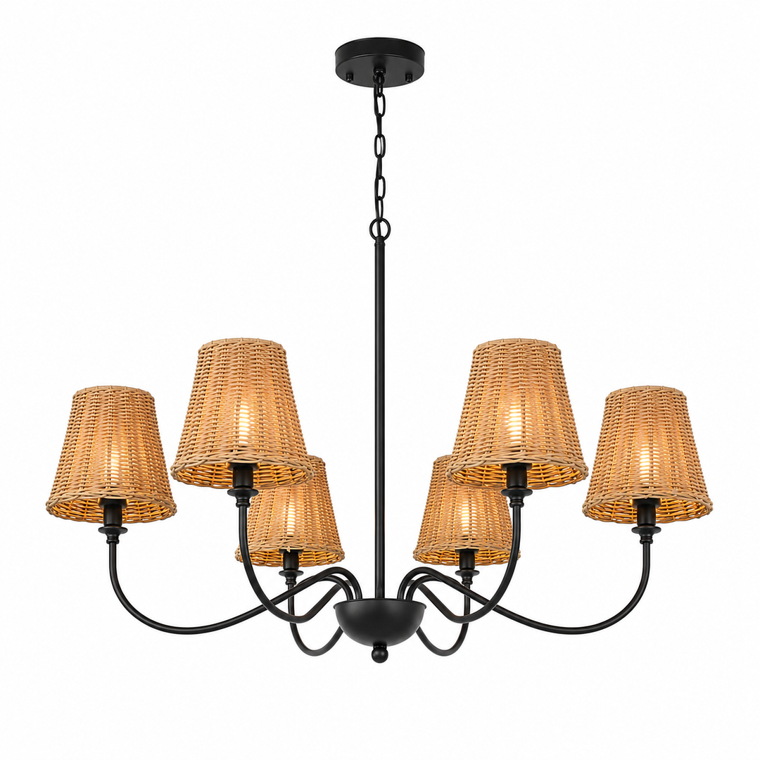 Rustic five-light chandelier with woven rattan shades and black metal frame