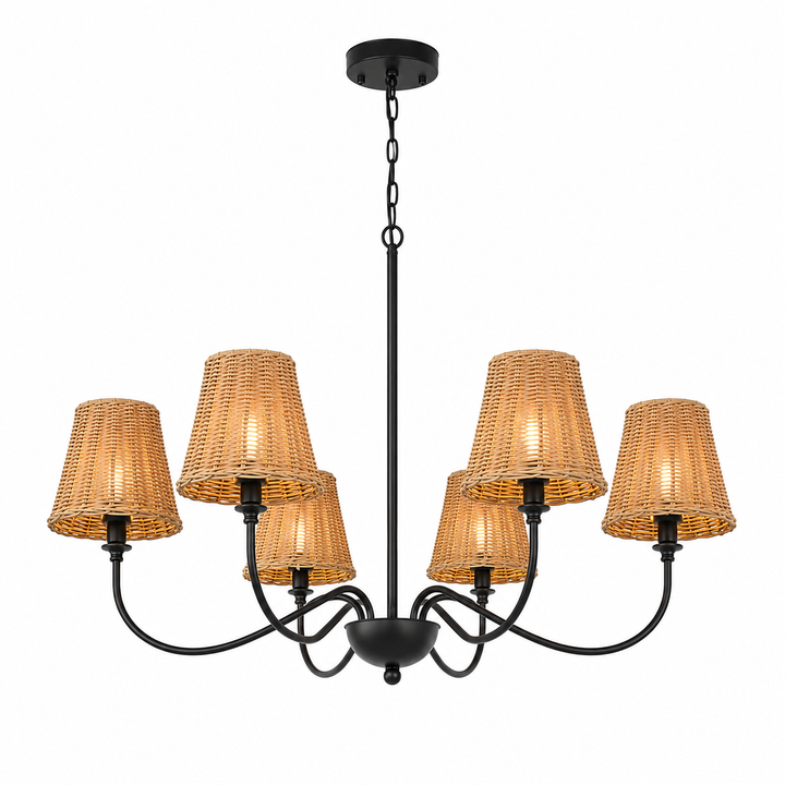 Rustic five-light chandelier with woven rattan shades and black metal frame
