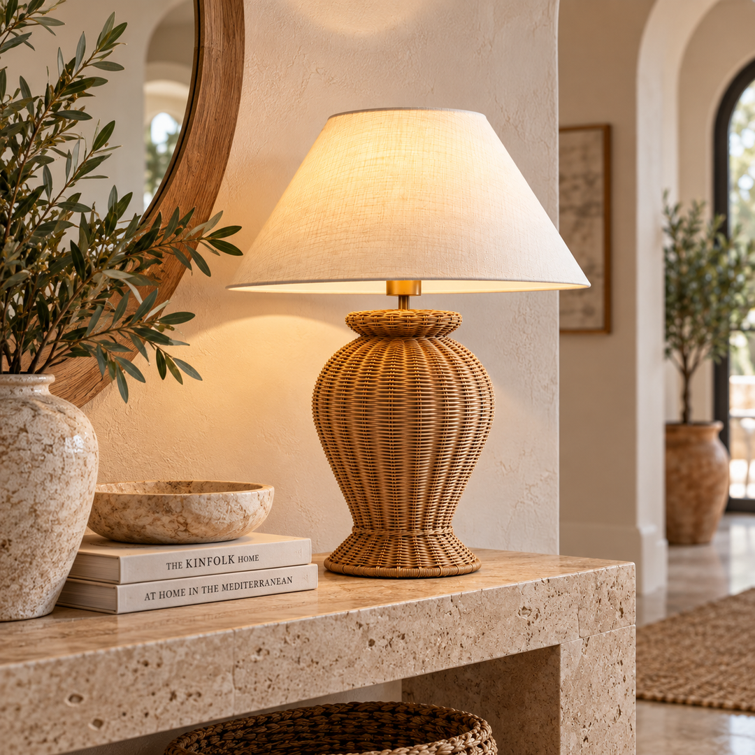 Woven Rattan Table Lamp with Linen Shade