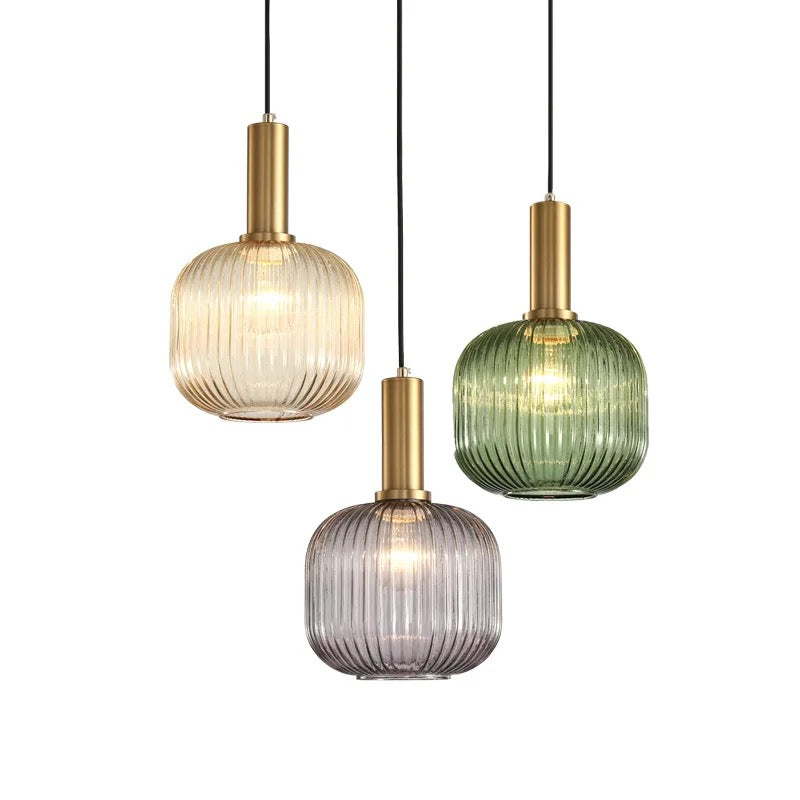 Modern Brass and Ribbed Glass Pendant Light Trio