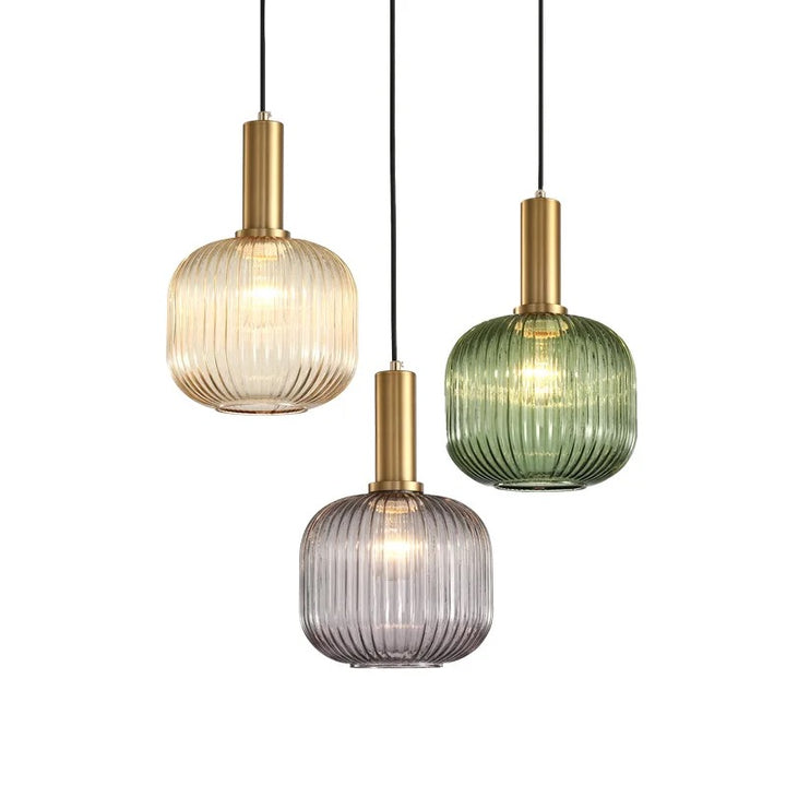 Modern Brass and Ribbed Glass Pendant Light Trio