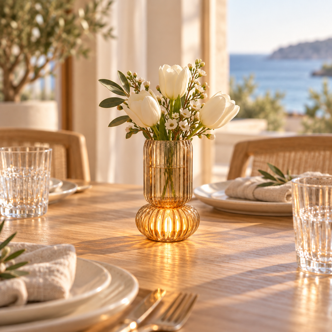 Amber Ribbed Glass Table light &amp; Vase powered with battery 🔋