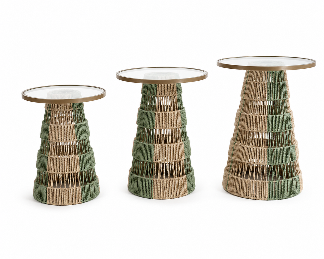 Handwoven Rattan & Glass Accent Side Table Set of 3
