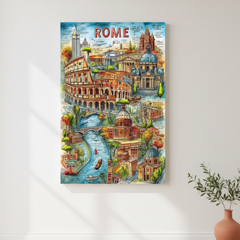 Vintage travel poster of Rome Italy landmarks on canvas with Colosseum and St. PeterÃƒÂ¢Ã¢â€šÂ¬Ã¢â€žÂ¢s Basilica