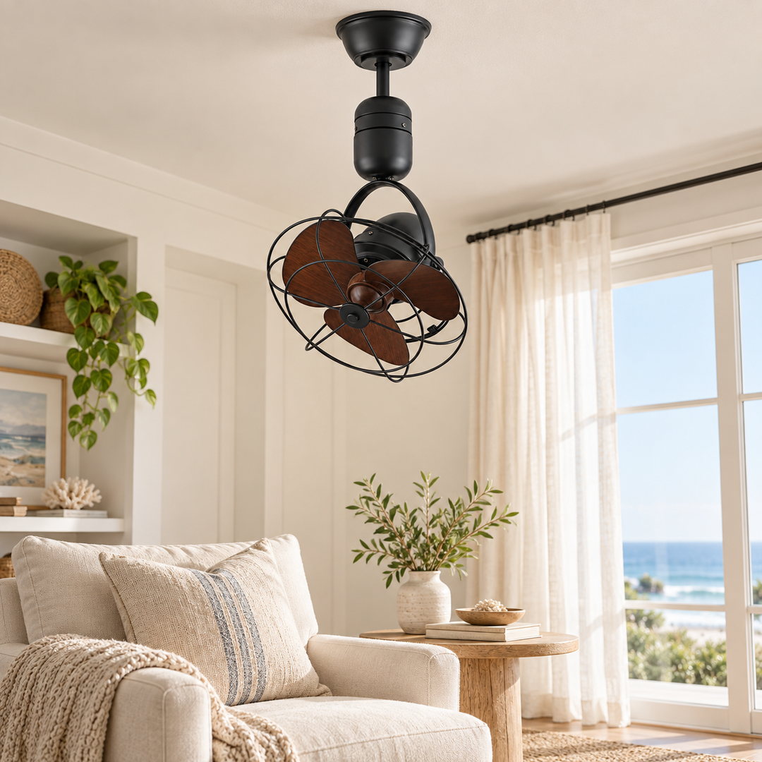 Black Ceiling Fan with Wood-Tone Blades