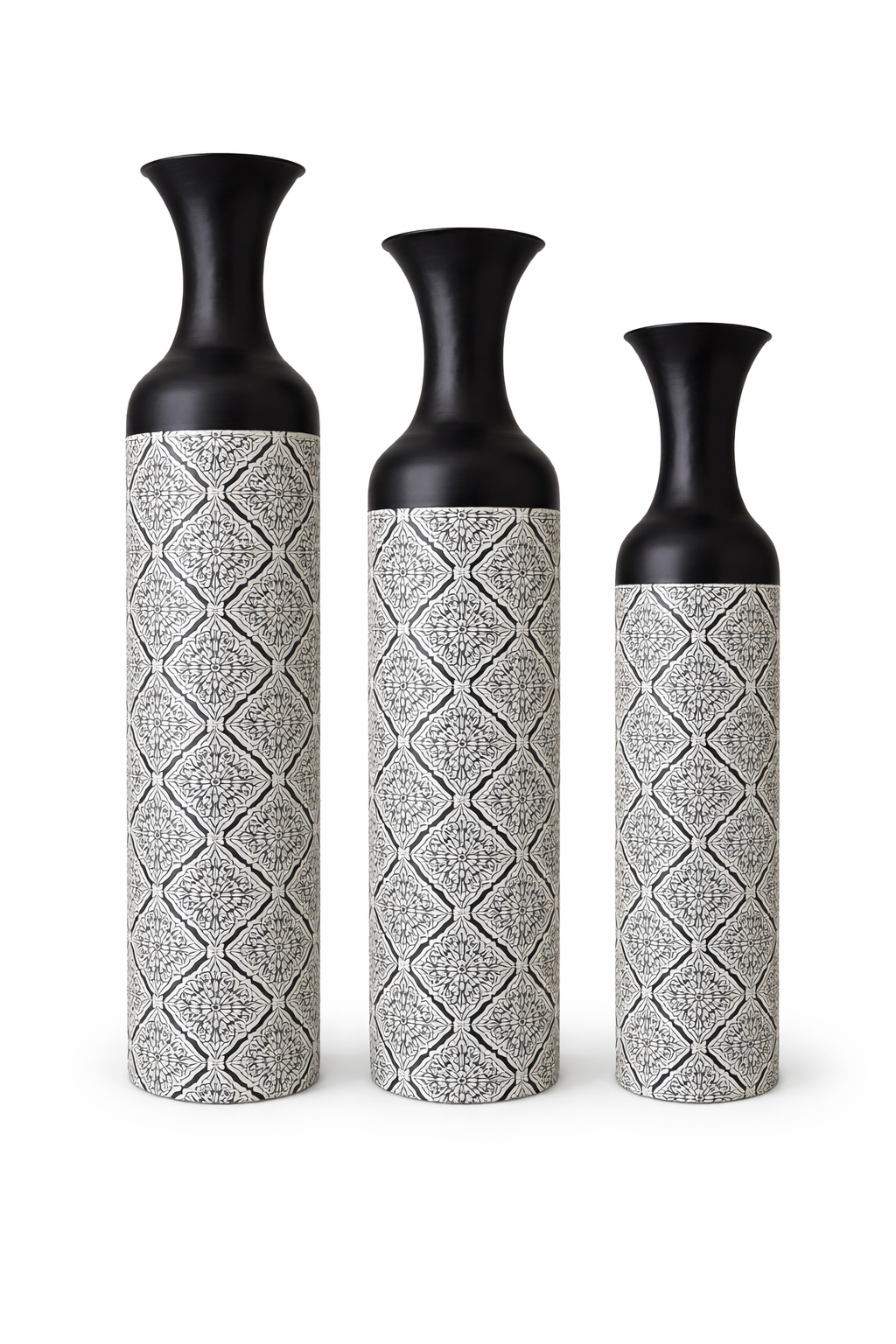 Set of decorative black pattern vases with intricate designs and matte finish