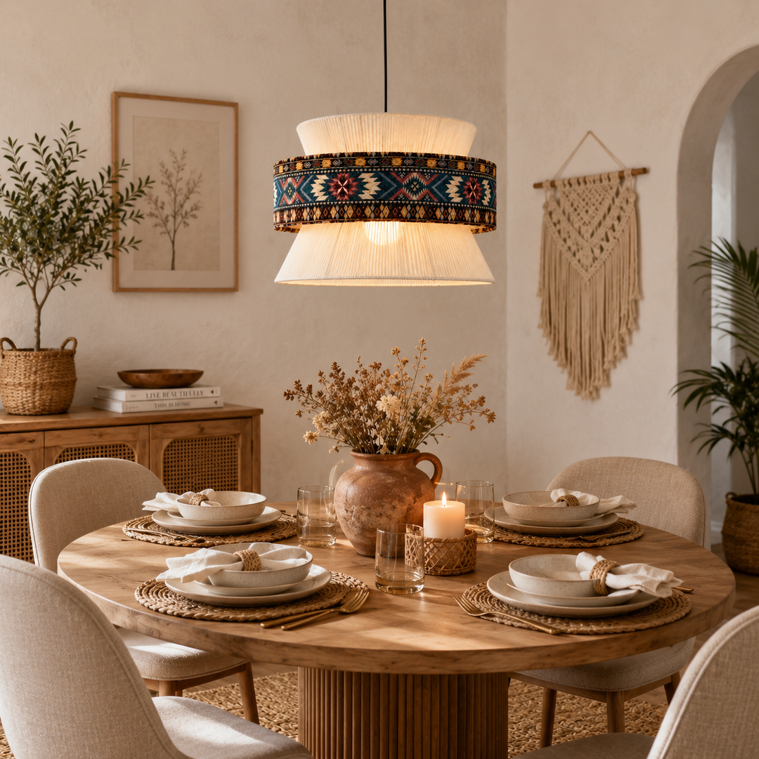 Bohemian Blue Pattern Fabric Drum Pendant Light