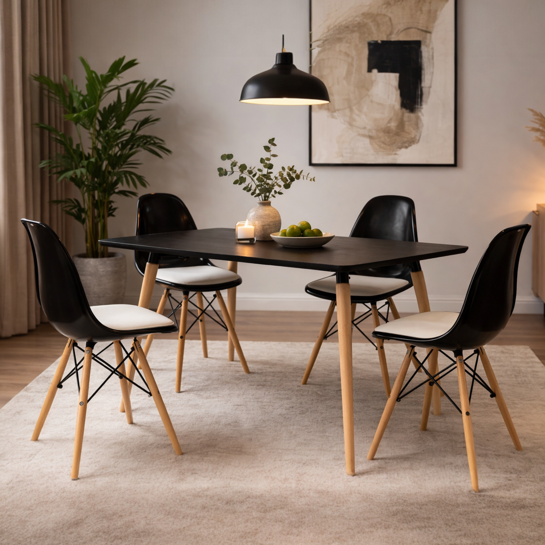 Modern dining table set with MDF tabletop, beech wood legs, and 4 acrylic chairs