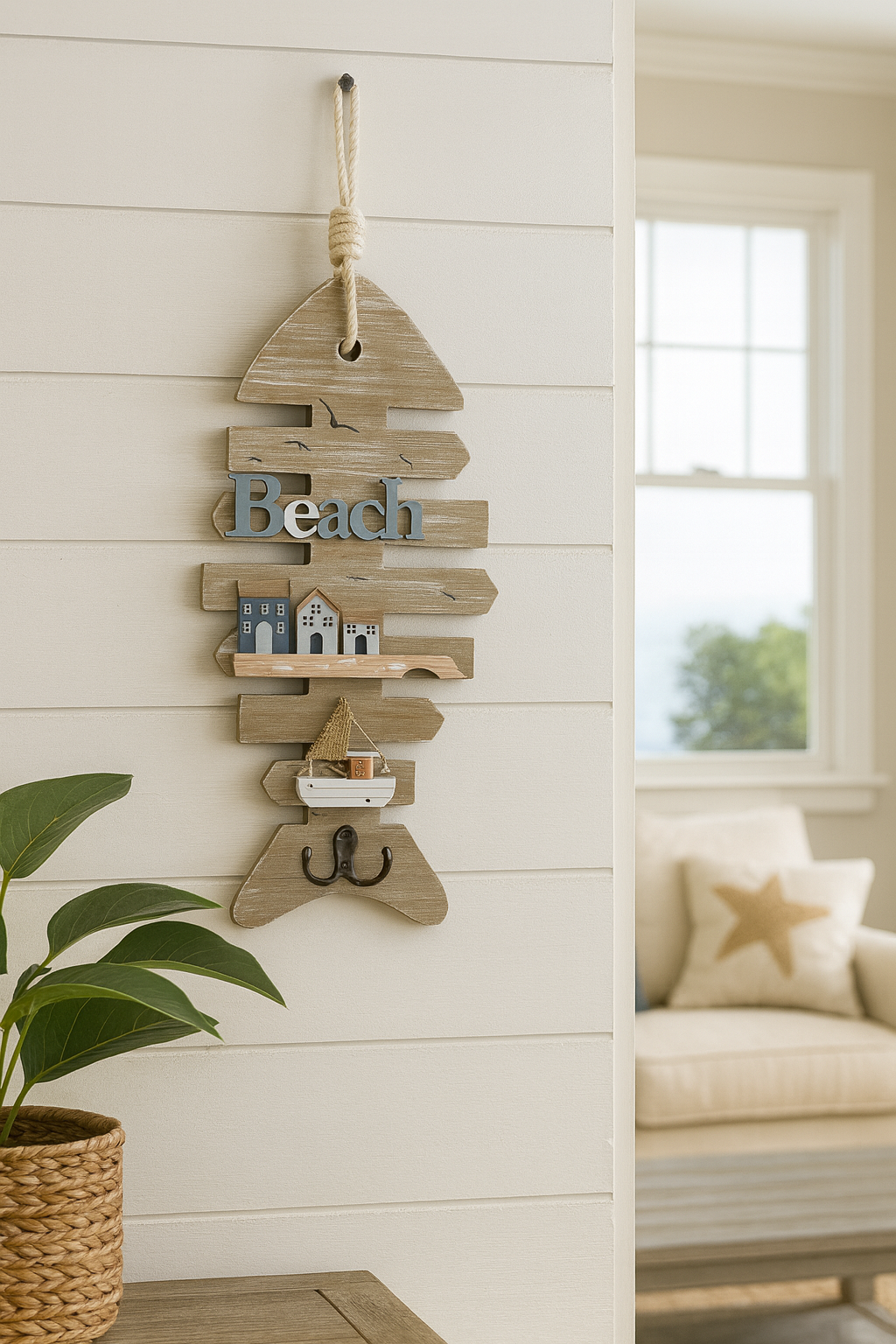 Rustic wooden fishbone-shaped wall décor with “Beach” text, mini houses, sailboat accent, and hook – coastal wall decoration.