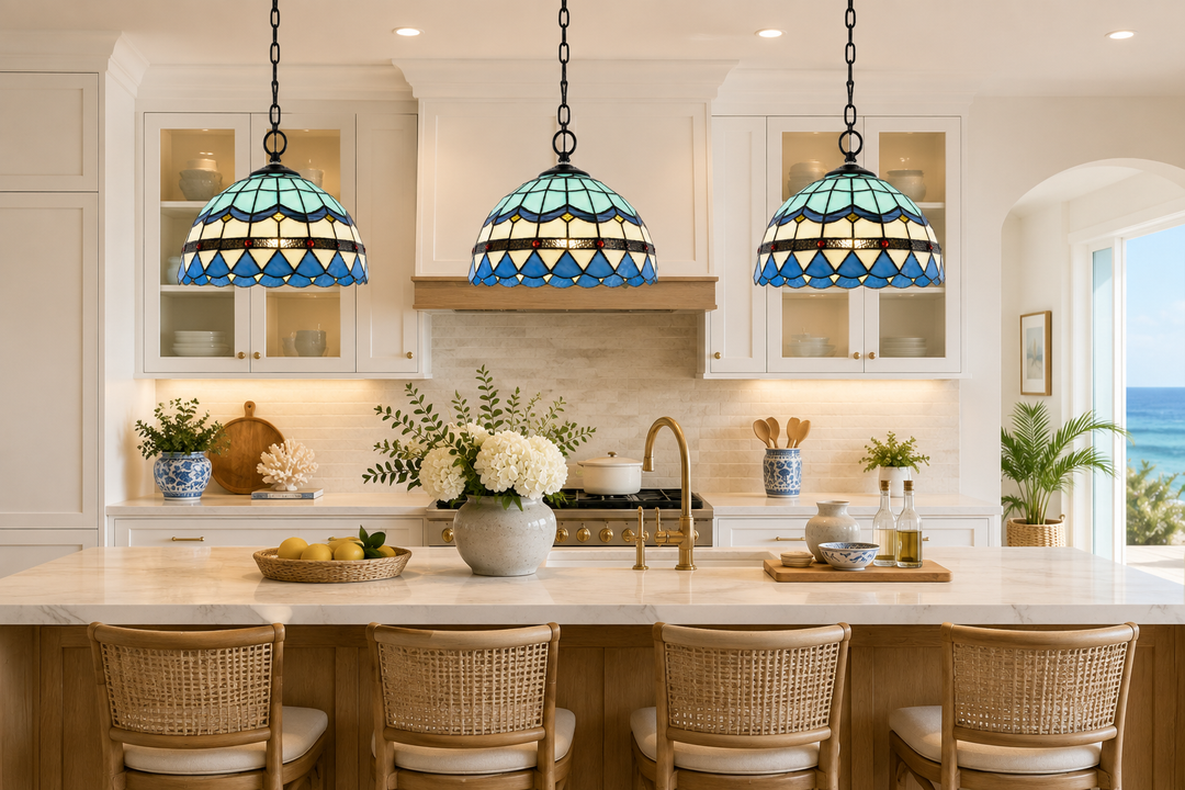 Vintage Blue Tiffany Style Stained Glass Pendant Light