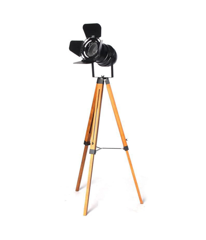 Industrial Tripod Floor Lamp with natural wooden color