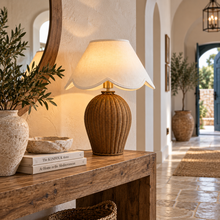 Rattan Table Lamp with Scalloped Linen Shade
