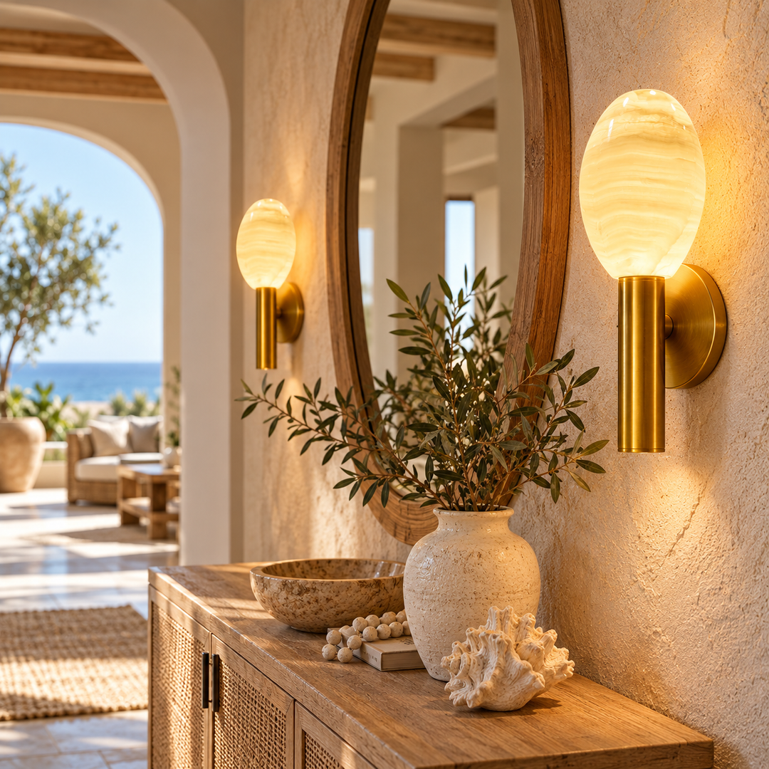 Luxury Oval Alabaster Wall Sconce in Brushed Antique Brass