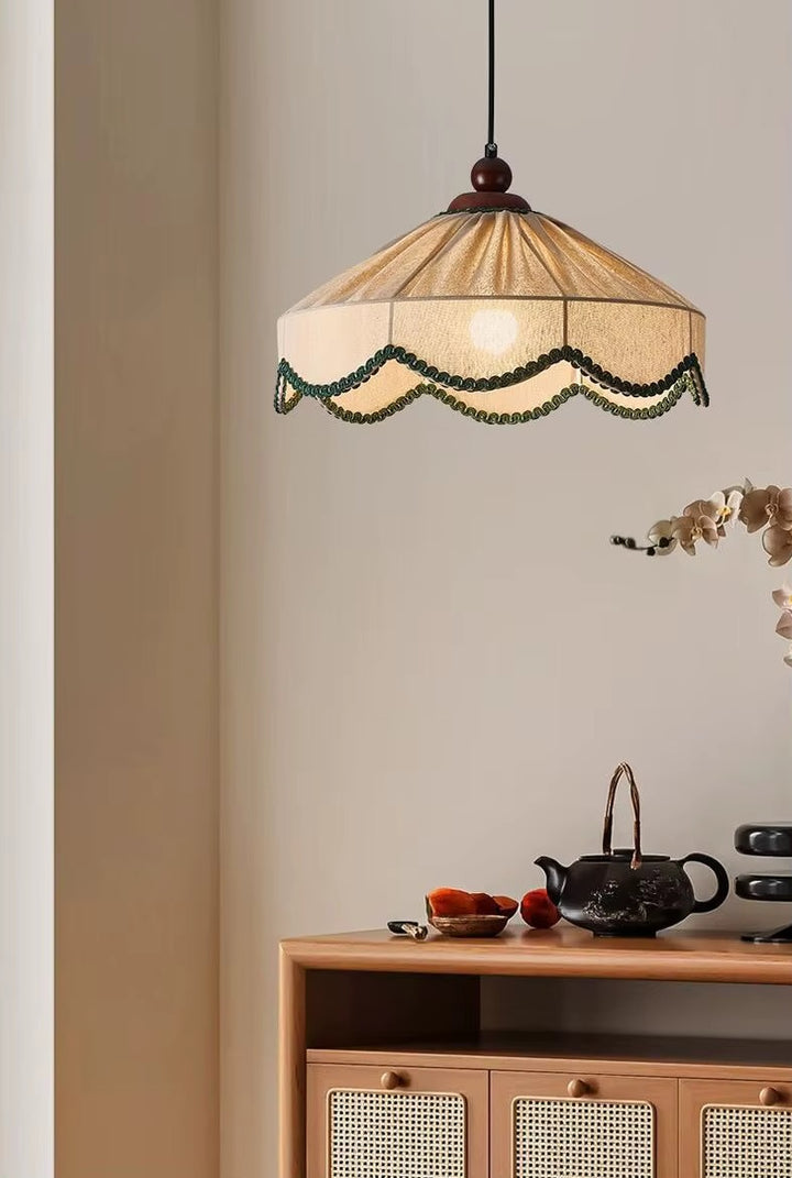 Vintage Cream Fabric Pendant Light with Beaded Trim