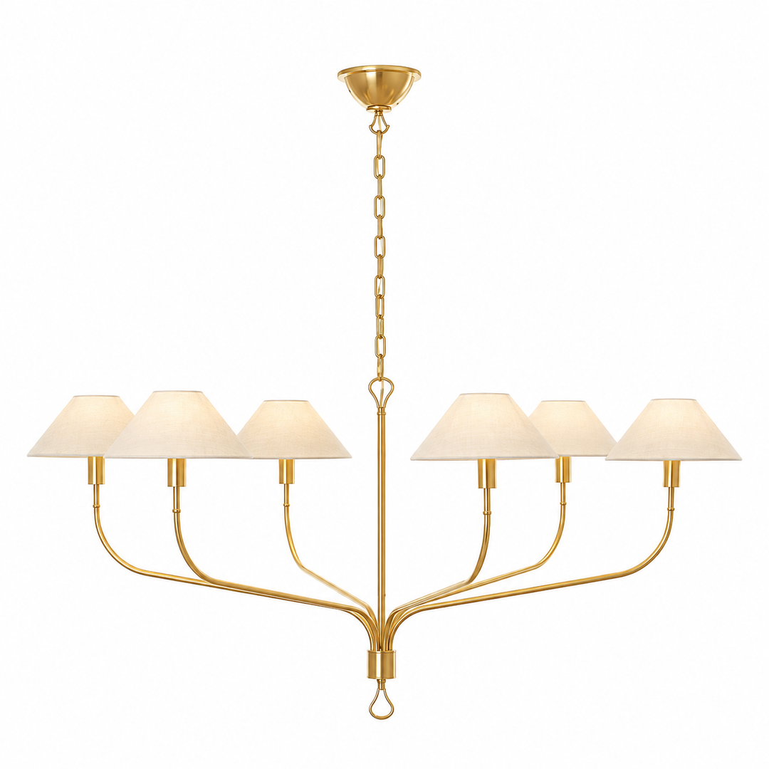 Traditional gold six-light chandelier with cream fabric shades
