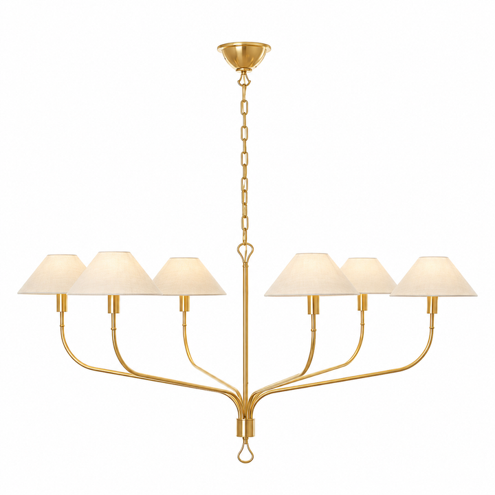 Traditional gold six-light chandelier with cream fabric shades