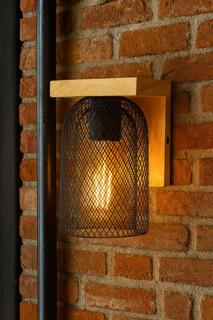 Rustic Wood & Mesh Wall Light
