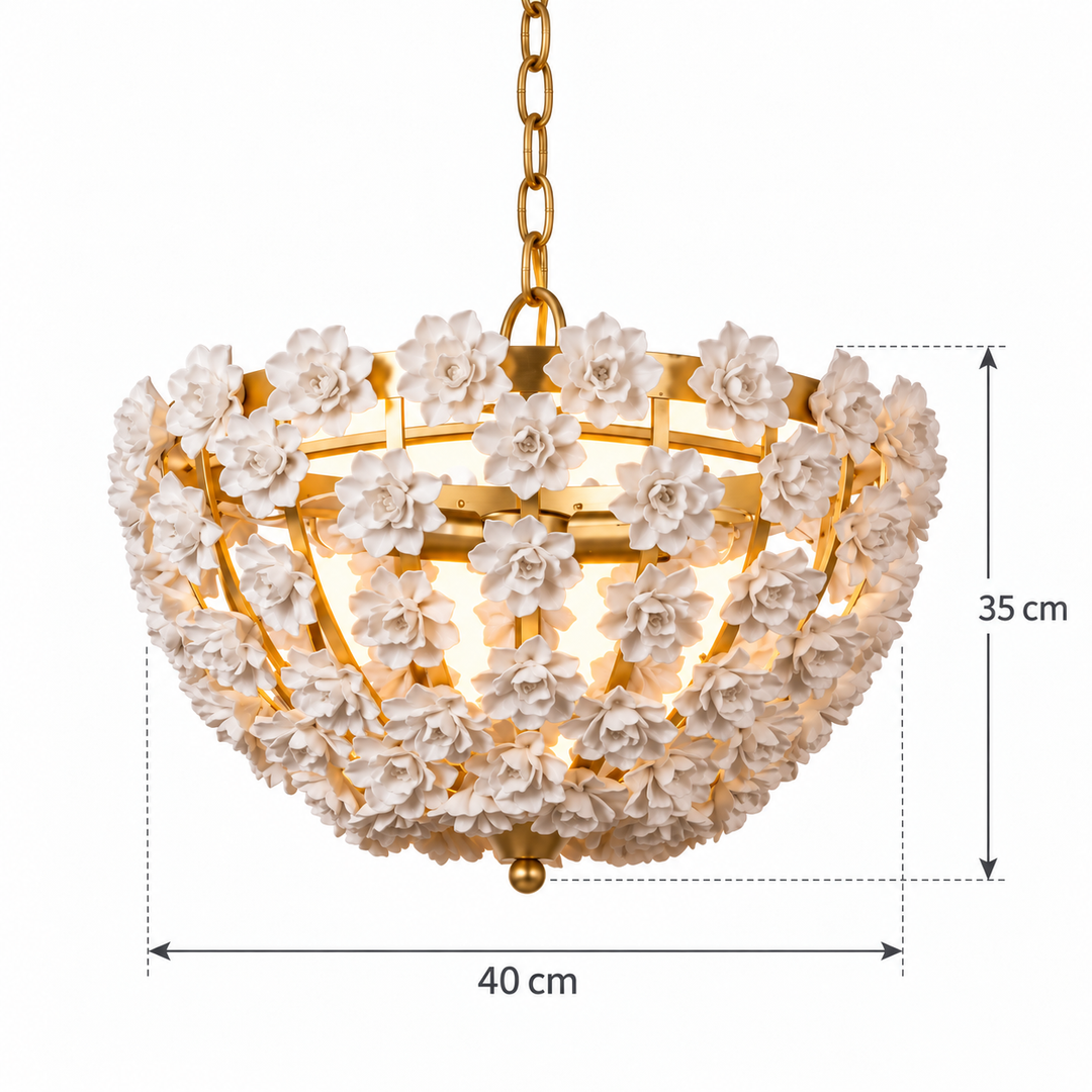 White Floral Gold-Frame Bowl Chandelier