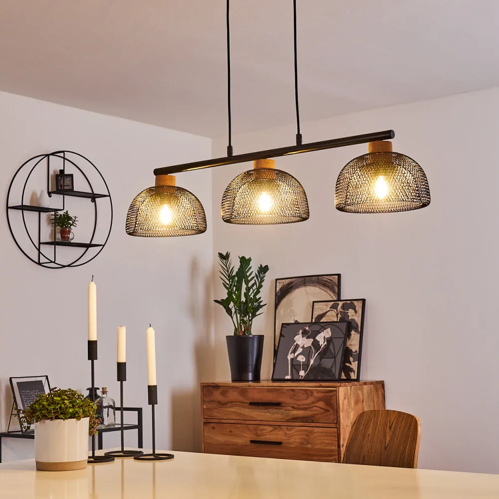 Industrial Triple Mesh Pendant Light with Wooden Accents