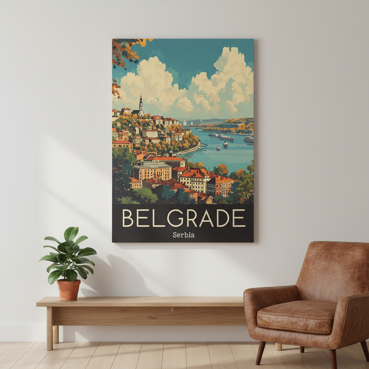 Belgrade Serbia vintage travel canvas depicting red roofs and Danube river in retro style