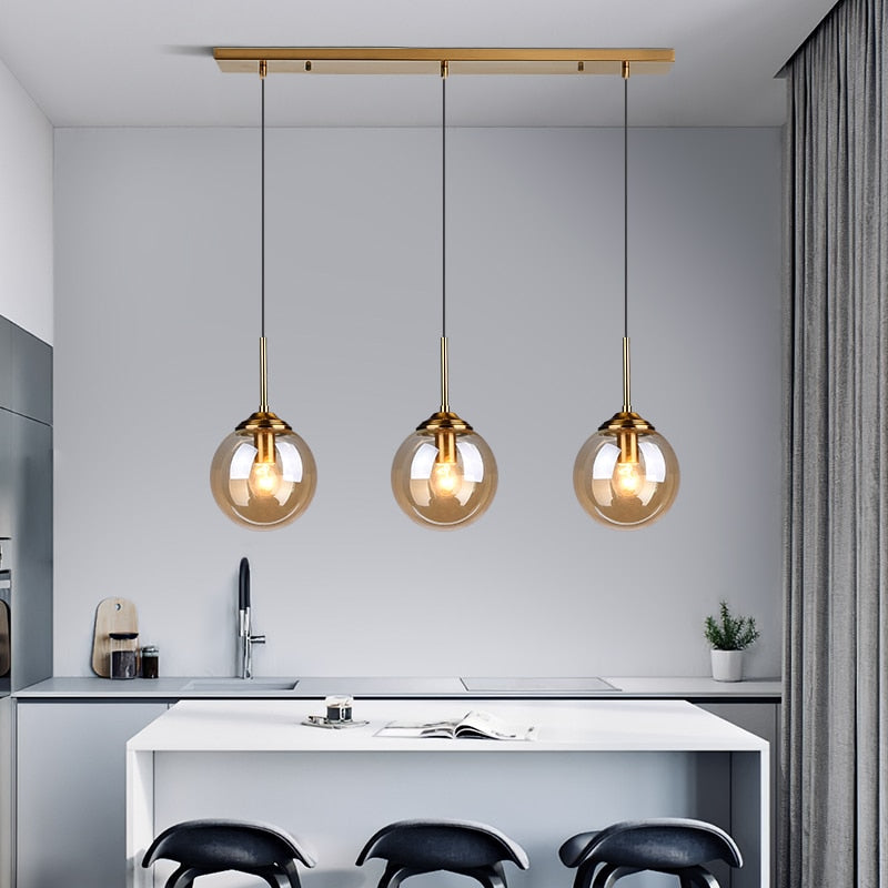 Modern 5-Light Globe Pendant Light with Smoked Glass and Brass Finish