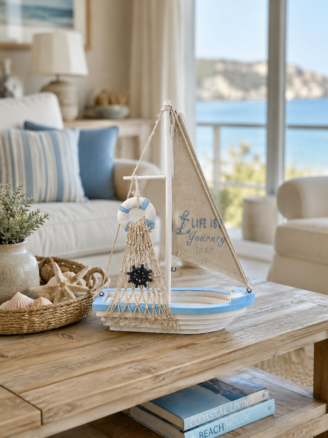 Coastal Decorative Wooden Sailboat Ornament