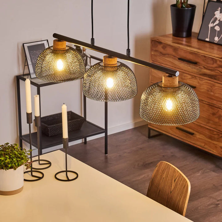 Industrial Triple Mesh Pendant Light with Wooden Accents