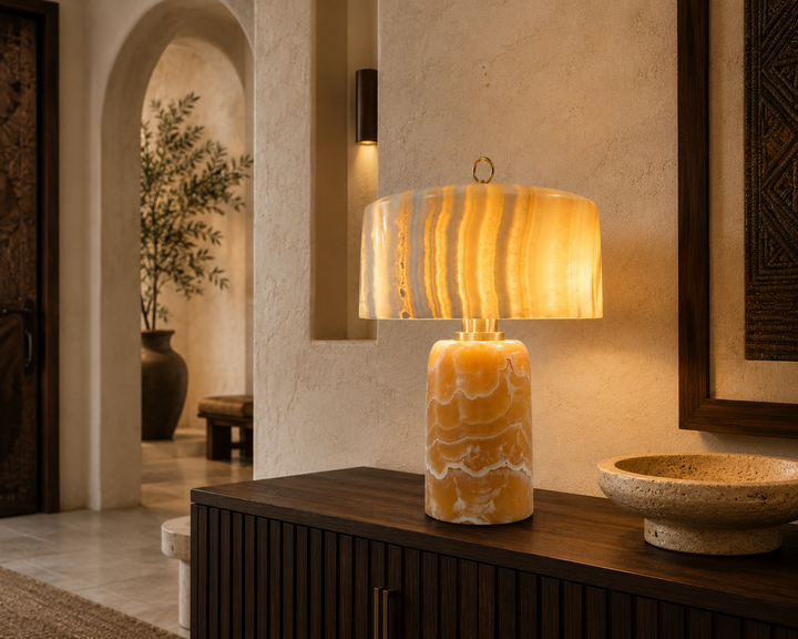 Modern Alabaster Table Lamp with Sculptural Stone Base