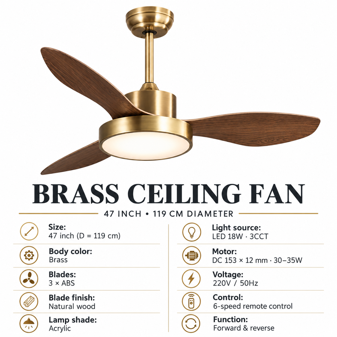Elegant Wooden Ceiling Fan with Brass Accents