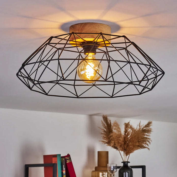 Industrial Wireframe Ceiling Light with Exposed Bulb