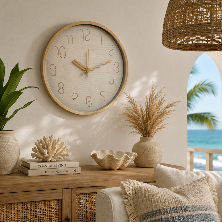 Round wooden wall clock with minimalist design and natural wood frame.