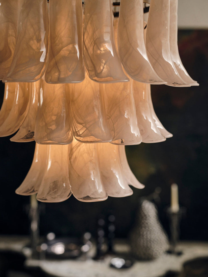Ivory Petal Glass Chandelier with Bronze Chain