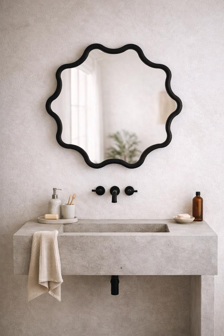 Ripple Scalloped Edge Wall Mirror with matte black scalloped frame and soft organic shape for bathroom or entryway décor