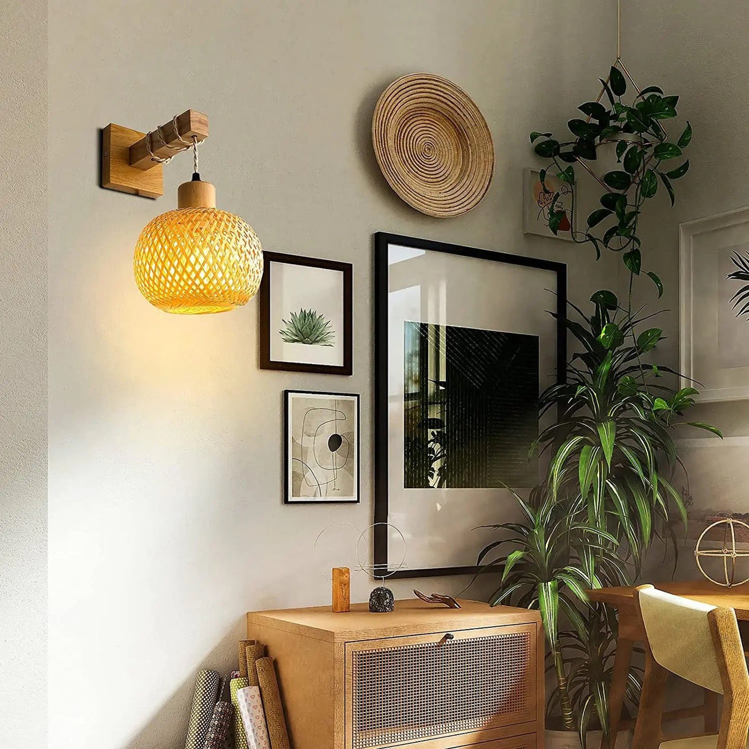 Rustic Wall Light with Woven Rattan Shade