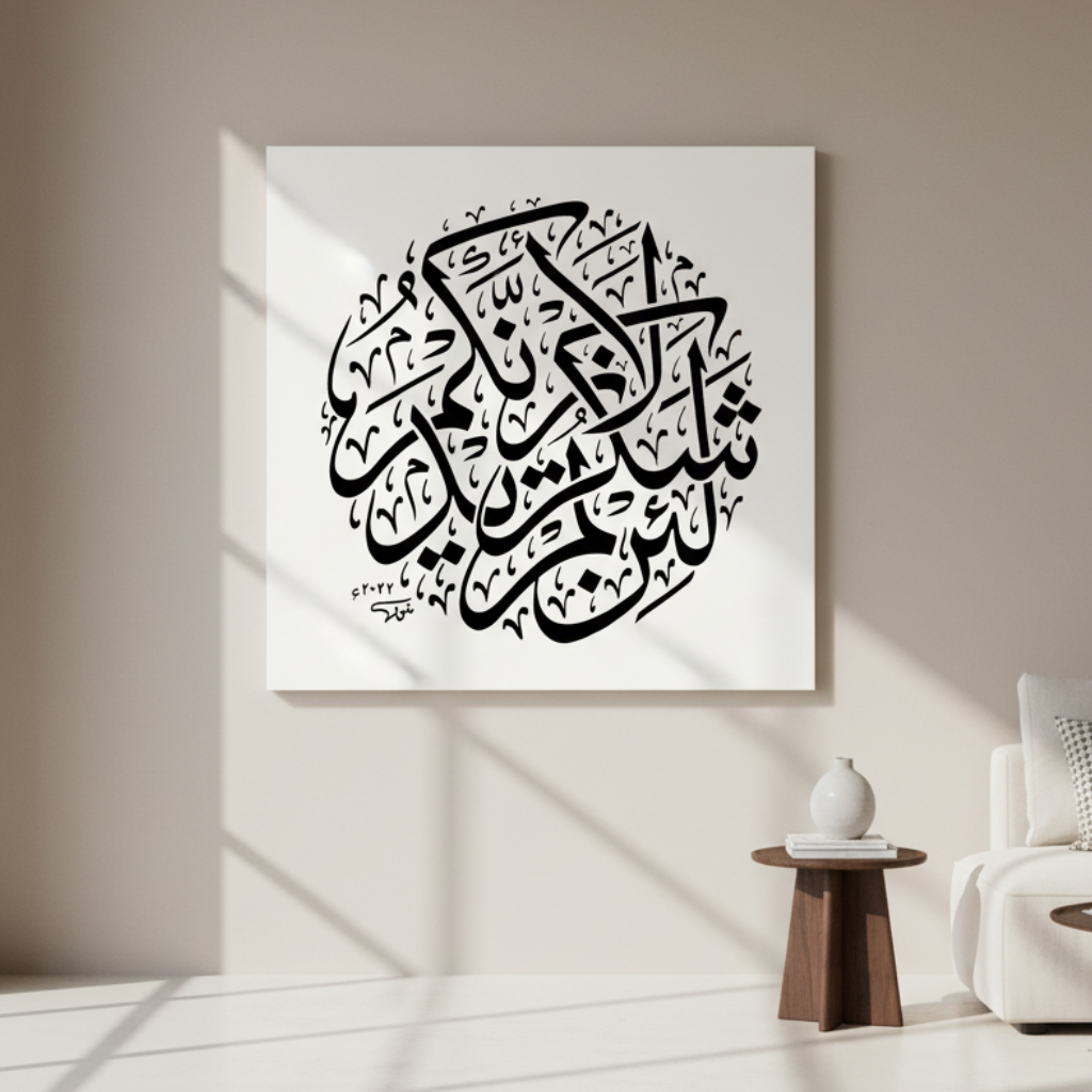 Islamic calligraphy canvas artwork with bold black Arabic script in circular design on premium canvas