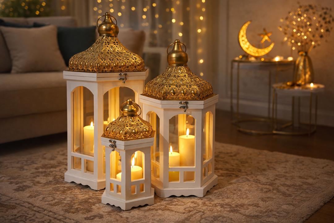 Decorative Ramdan lantern set with ornate metal tops and glass panels for ambient candlelight