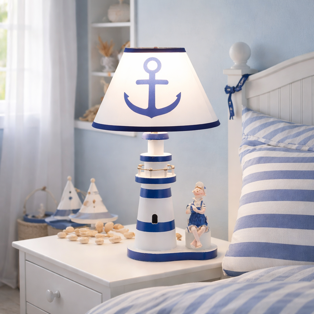 Nautical Table Lamp with anchor design for coastal bedroom or living room decor