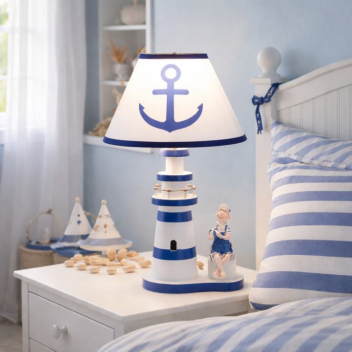 Nautical Table Lamp with anchor design for coastal bedroom or living room decor