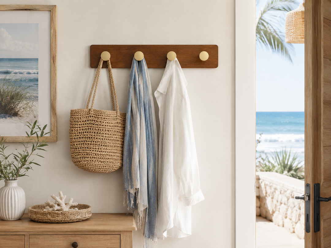 Coastal Walnut Wall Coat Rack with Brass Knobs