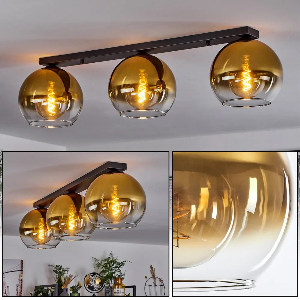 Modern Linear Ceiling Light with Amber Glass Globes