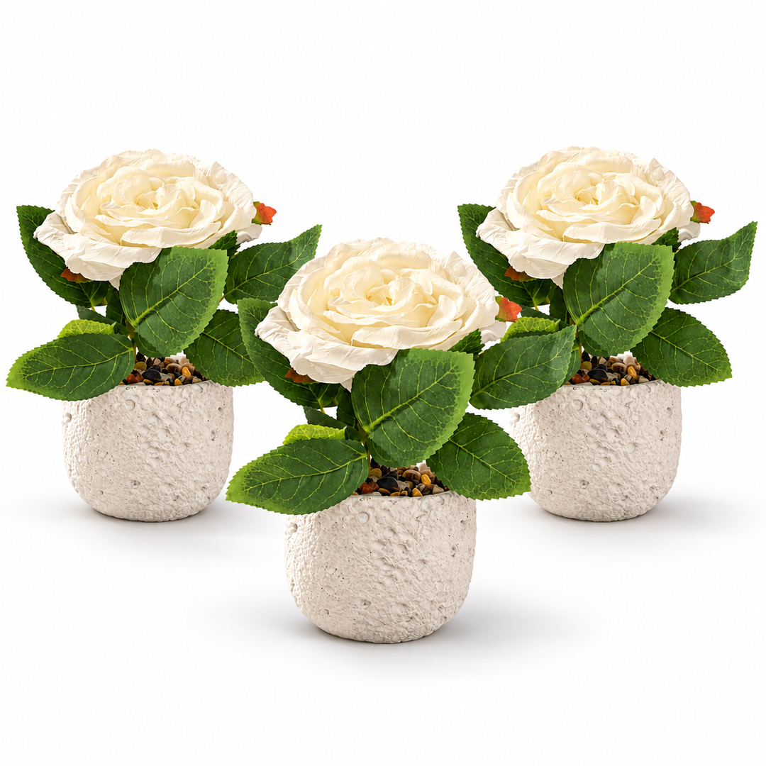 Set of three artificial cream rose plants with green leaves in textured neutral planters