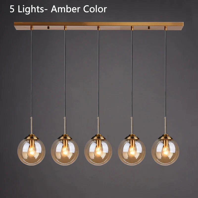 Modern 5-Light Globe Pendant Light with Smoked Glass and Brass Finish