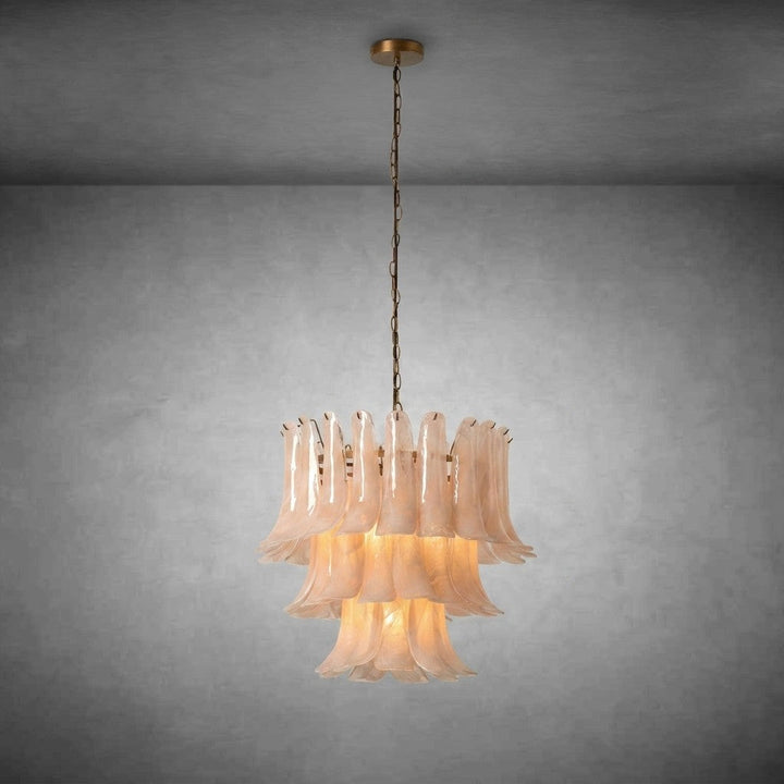 Ivory Petal Glass Chandelier with Bronze Chain
