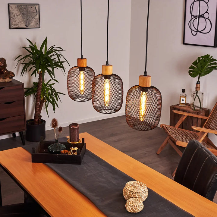 Industrial Mesh Pendant Light Trio with Wood Accents