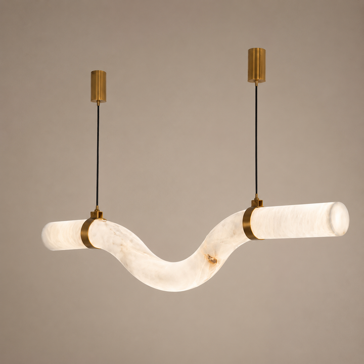 Modern Wave Faux Marble LED Pendant Light with Brass Accents