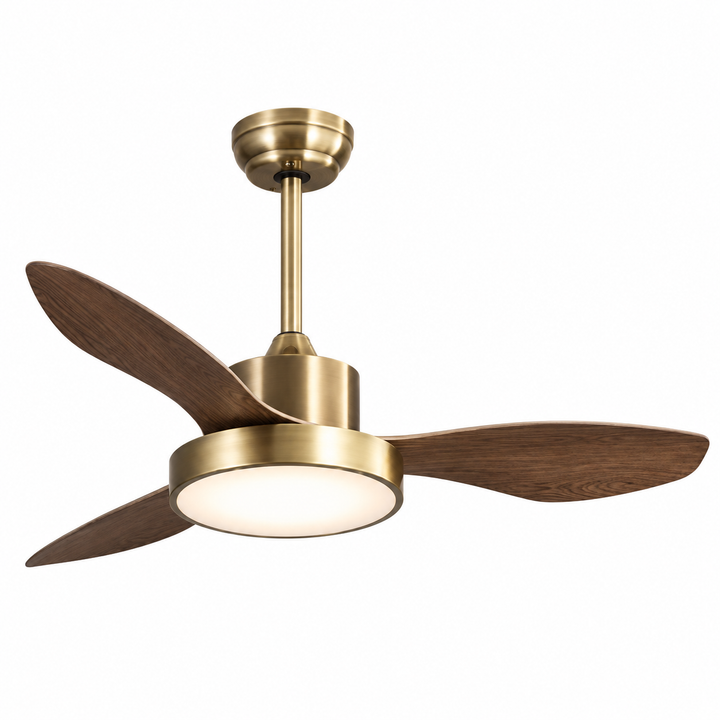 Elegant Wooden Ceiling Fan with Brass Accents