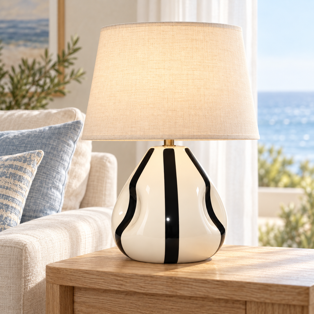 Cream and Black Striped Ceramic Table Lamp